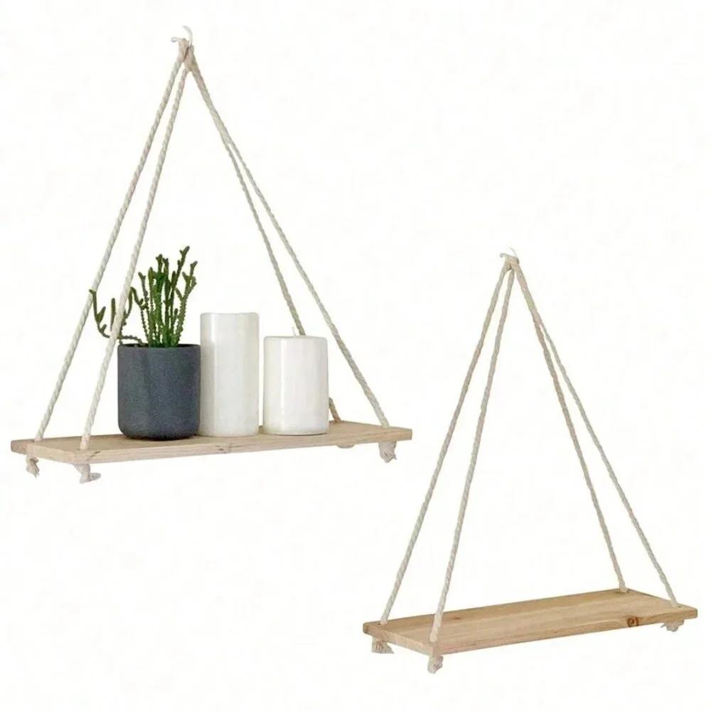 NWT Wooden Wall Shelf with Rope (Pack of 2)